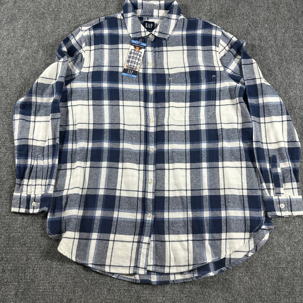 GAP Boyfriend Flannel Shirt Womens Large Blue White Plaid NWT Button Down